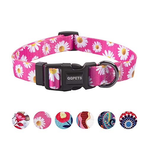 QQPETS Adjustable Soft Dog Collar: Print Flower Pink Multicolor Cute Patterns for XS Small Medium Large Pet Girl Boy Puppy Walking Running Training (S, Small Daisies)