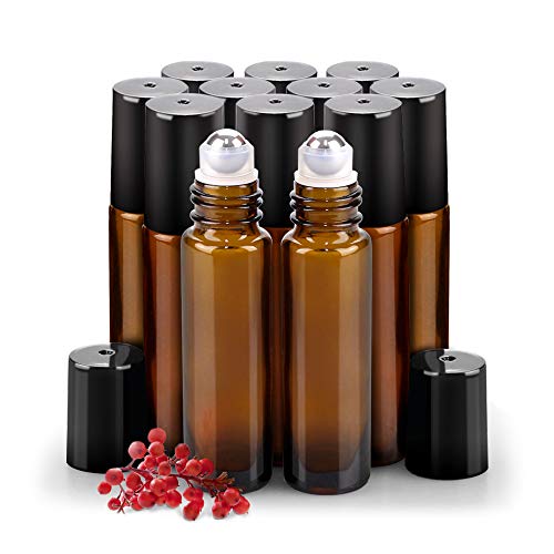 sungwoo 12 Pack Essential Oil Roller Bottles Stainless Steel, 10ml Amber Glass Roller Bottles with Caps for Travel, Perfume and Lip Gloss