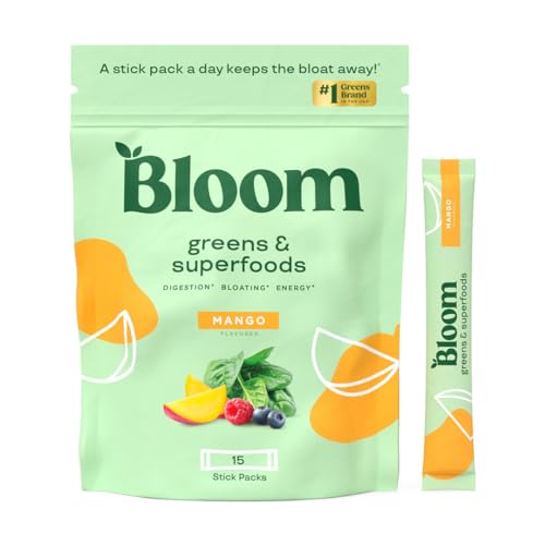 Bloom Nutrition Greens and Superfoods Powder Packets for Digestive Health, Greens Powder, Digestive Enzymes, Probiotics, Spirulina, Chlorella for Bloating & Gut Support, Green Juice, 15 Stick, Mango