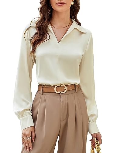 Satin Silk Blouse for Women Lapel V Neck Long Sleeve Casual Work Blouse Shirts Pullover Tops Apricot M