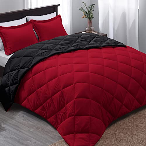 Basic Beyond Queen Comforter Set, Red and Black Comforter Set Queen Size, Reversible Bed Comforter Queen Bed Set for All Seasons, 1 Comforter (88'x92') and 2 Pillow Shams (20'x26'+2')