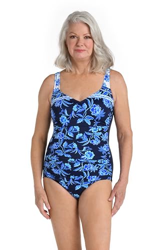 Maxine Of Hollywood Women's Standard Side Shirred Girl Leg One Piece Swimsuit, Indigo//Shibori Vines