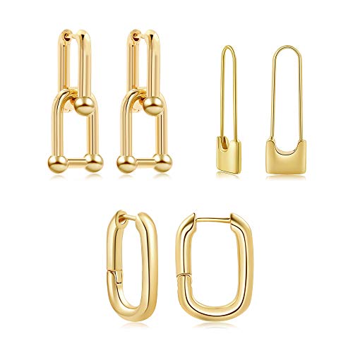 SLOONG 3 Pairs 14k Gold Plated U Shape Y2K Style Chunky Earring Link Chain Circle Hoop Earrings Jewelry Drop Dangle Earrings Set for Women Teen Girls