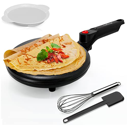 Electric Crepe Maker - Cooks Roti, Tortillas & Pancakes - Nonstick Cooktop - 8-inch Cook Area w/On/Off Switch, Automatic Temperature Control & Cool Touch Handle - Includes Food Bowl, Whisk & Spatula