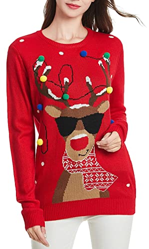 *daisysboutique* Women's Christmas Reindeer Rudolph Girl Sweater Knitted Holiday Pullover (Medium, Lighting-smartdeer)