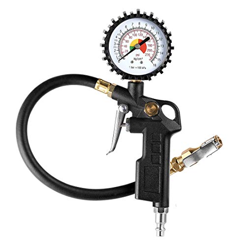 CZC AUTO Tire Inflator Deflator Air Pressure Gauge with Rubber Hose, 2-1/2' Dial Wheel Inflator Gage with Straight Brass Lock-on Chuck Compatible with Air Pump Compressor for RV Car Motorcycle Bike