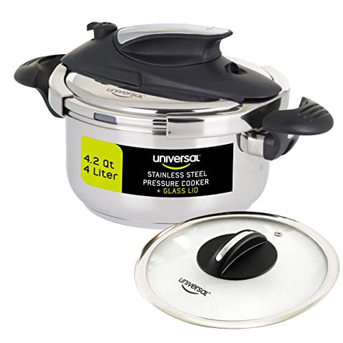 Universal 4.2 Quart / 4 Liter Stainless Steel Easy Use Pressure Cooker + Extra Glass Lid, Induction Compatible, Pressure Cooker & Multipurpose Pot, 5 servings, Pressure Canner