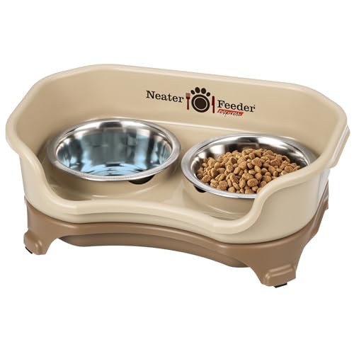 Neater Feeder - Express Model - Mess-Proof Dog Bowls (Small, Cappuccino) – Made in USA – Elevated, No Spill, Non-Tip, Non-Slip, Raised Stainless Steel Food & Water Pet Bowls