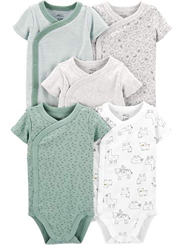 Simple Joys by Carter's Baby 5-Pack Side Snap Short-Sleeve Bodysuit, Green/Grey Forest Animals/Light Grey Heather/Mint Green Stripe/White Llama, Newborn