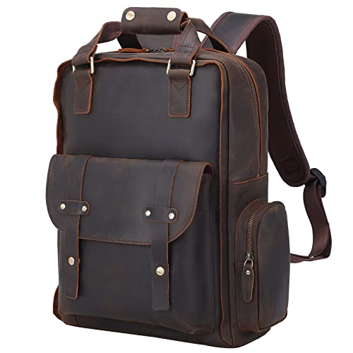 TIDING Genuine Leather 15.6 inch Laptop Backpack for Men College Casual Rucksack Backpack Business Travel Daypack