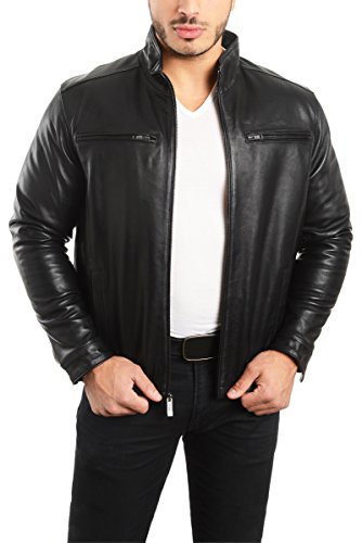 REED EST. 1950 Men's Jacket Genuine Lambskin Leather Stand UP Collar Winners Coat (Large, Black)
