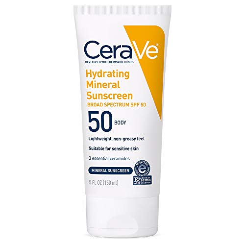 CeraVe 100% Mineral Sunscreen SPF 50 | Body Sunscreen with Zinc Oxide & Titanium Dioxide | Hyaluronic Acid & Ceramides | Oil Free & Non-Greasy | Hydrating Mineral Sunscreen For Body | 5 oz