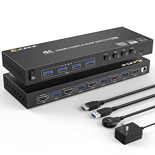 USB 3.0 KVM Switch HDMI 4 Port Support 4K@60Hz 2K@120Hz RGB 4:4:4 Simulation EDID, HDMI USB Switch for 4 Computers Share 1 Monitor and 4 USB 3.0 Ports with Controller, Power Adapter and KVM Cables