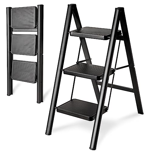 Double Elite Step Ladder 3 Step Folding, Sturdy 330 Lbs Small Step Stool for Adults, Safer Full Steel Multi-use Kitchen Ladder for Home, Closet Step Stool Ladder with Anti-Slip Wide Pedals, Black
