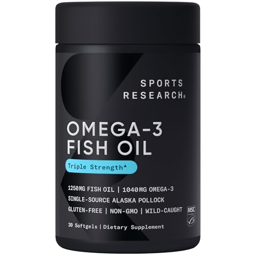 Sports Research Triple Strength Omega 3 Fish Oil 1250mg from Wild Alaska Pollock - Burpless Fish Oil Supplement with Omega3s EPA & DHA - Sustainably Sourced, Non-GMO, Gluten Free - 30 Softgels