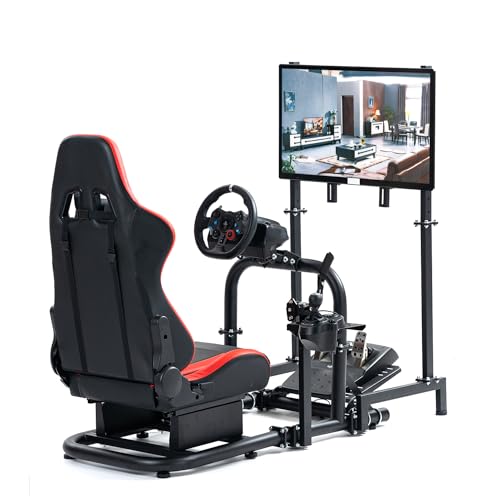 Anman Firm Racing Simulator Cockpit with Red Seat fit for LogitechIThrustmaster G25 G27 G29 G920 G923 T300RS TX,Full Motion Driving Wheel Stand Equipped with Display Stand Shifter Pedals NOT Included