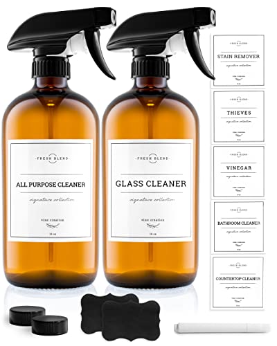 Vine Creations Amber Glass Spray Bottles, 2 Pack Glass Spray Bottles for Cleaning solutions, 16 oz Spray Bottle for Cleaning, Mister Spray Bottle for Plants, Amber Spray Bottles with Waterproof Labels