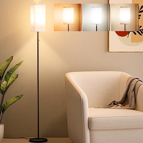 Ziisee Tall Floor Lamp with Linen Shade - 3 Color Temperature, Black, LED Bulbs, Pull Chain Switch, Easy Assembly