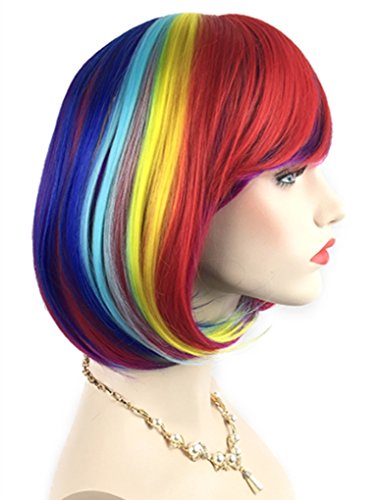 QHQ-SHININGLIFI Rainbow Bob Wigs and A Wig Cap- Women's Short Straight Multi-Color Cosplay Wigs -Comfortable& Breathable& Durable-Rose Net; wig007A