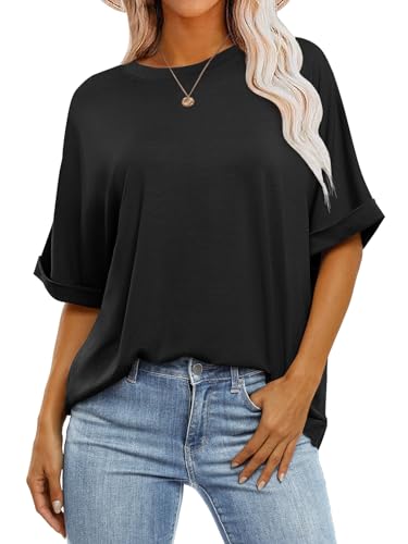 ANRABESS Womens Tops Crew Neck Short Sleeve Oversized T Shirts Business Casual Tops Blouses Loose Tunic Plain Boyfriend Shirts Beach Vacation Tees 2024 Summer Clothes 1367heise-XL Black