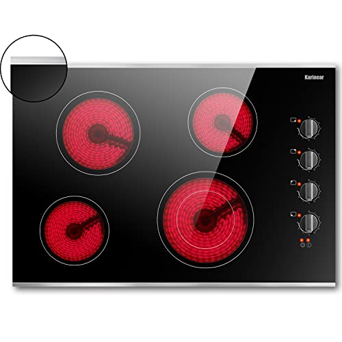 Karinear 30 Inch Electric Cooktop 4 Burners, Knob Control Built-in Ceramic Cooktop, 30' Radiant Electric Stove Top with Glass Protection Metal Frame,Hot Surface Indicator, 220-240v, Hard Wire, No Plug