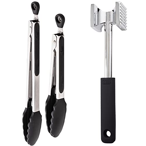 Gorilla Grip Stainless Steel Silicone Tongs Set of 2 and Heavy Duty Meat Tenderizer, Heat Resistant Silicone Tongs Size 7 and 9IN, Spiked Side Meat Tenderizer, Both In Black Color, 2 Item Bundle