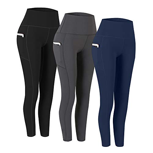 Fengbay 3 Pack High Waist Yoga Pants, Pocket Yoga Pants Tummy Control Workout Running 4 Way Stretch Yoga Leggings Black & Navy & Grey XL