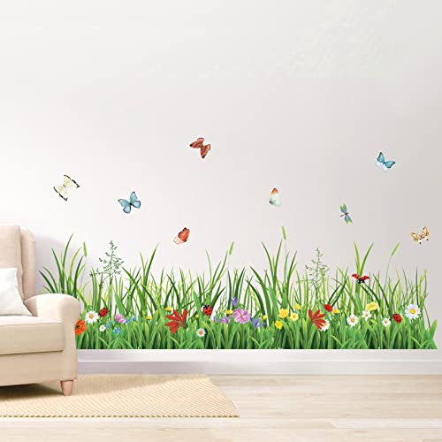 wondever Green Grass Wall Corner Stickers Flowers Butterflies Baseboard Skirting Line Wall Decals for Bedroom Living Room (W:52 inches)