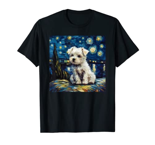 Cute Maltese Puppy Dog In A Starry Sky Night Painting T-Shirt