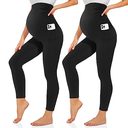Happy.angel 2 Pack Maternity Leggings with Pockets Over The Belly, Womens Black Workout Yoga Pregnancy Pants Black X-Large