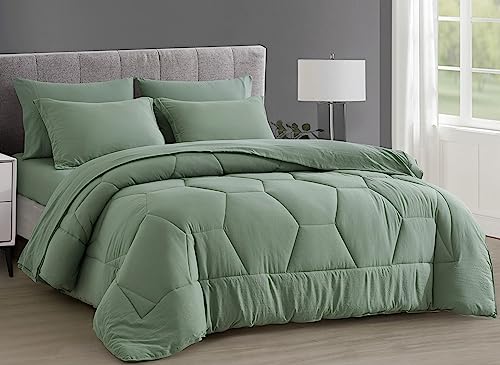 Chezmoi Collection Piper Full Bed in a Bag 7-Pieces Honeycomb Geometric Hexagon Quilted Stone Washed Microfiber Comforter with Sheets Lightweight All Season Bedding Set (Full, Sage Green)