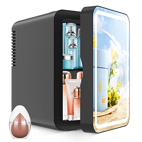 COOSEON Mini Fridge with Mirror, AC/DC Portable Thermoelectric Cooler and Warmer Refrigerators for Beauty, Skin Care, Makeup, Bedroom, Room, Car (6L-Black)