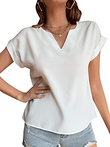 LYANER Women's Casual Notched V Neck Rolled Short Sleeve Work Blouse T-Shirt Top White Small