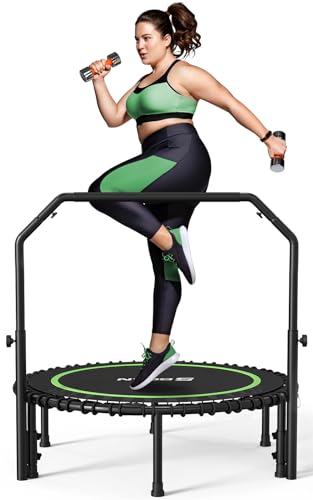 BCAN 450 LBS Foldable Mini Trampoline, 40' Fitness Trampoline with Adjustable Handle Bar, Bungees, Stable & Quiet Exercise Rebounder for Kids Adults Indoor/Garden Workout-Green