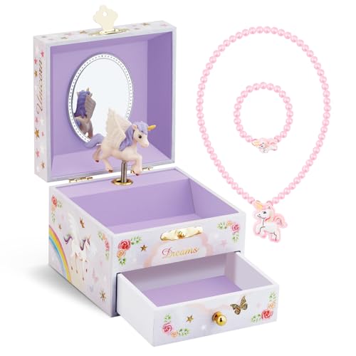 RR ROUND RICH DESIGN Kids Musical Jewelry Box for Girls with Drawer and Jewelry Set with Brave Unicorn - Beautiful Dream Tune Purple