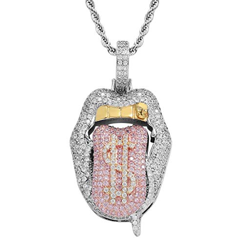 Dollar Tongue Pendant Iced Out Gold Teeth Sparkling Cubic Zirconia Micro Paved Simulated Diamond Hip Hop Cuban Link Necklace for Women Men Real 14K Platinum White Gold Finish 24'Stainless Steel Chains