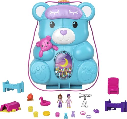 Polly Pocket 2-in-1 Travel Toy, 2 Micro Dolls & 16 Accessories, Teddy Bear Purse Playset with Sleepover Theme