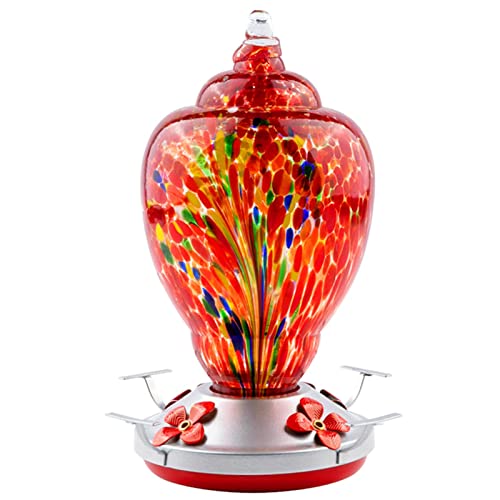 WOSIBO Hummingbird Feeder for Outdoors Patio Large 32 Ounces Colorful Hand Blown Glass Hummingbird Feeder with Ant Moat Hanging Hook, Rope, Brush and Service Card (RED-Firework)