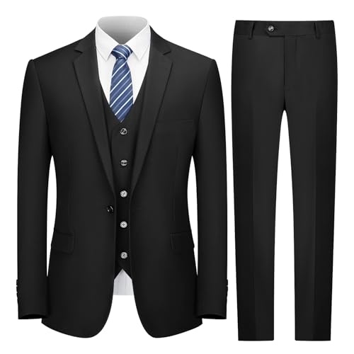 Cooper & Nelson Men's Suit Slim Fit, 3 Piece Suits for Men, One Button Solid Jacket Vest Pants with Tie, Tuxedo Set Black XL