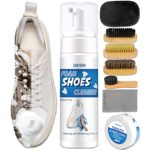 SANYHOM 8-in-1 Shoe Cleaner Kit, Quick, Shoe Cleaning for Sneakers, Canvas Plastic Golf Leather Pink and White Shoes, Gentle Formula for Effortless Care Without Harming Shoes