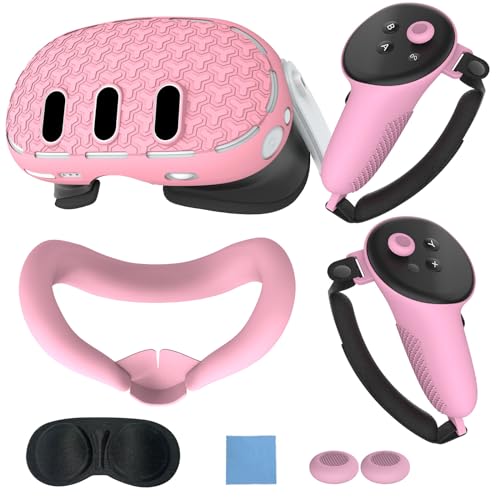 VR Cover Accessories for Meta Quest 3, MTomatoVR Protective Cover Set, Hard Shell Skin, Face Cover & Lens Cover, 2 Controller Grips + Button Caps Set for Quest 3, Pink