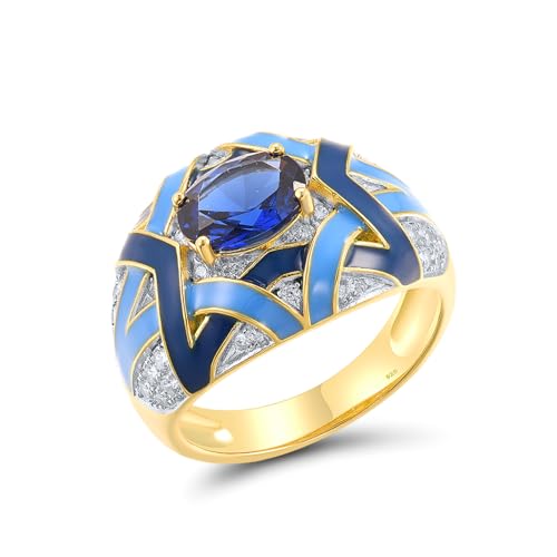 Santuzza 925 Sterling Silver Enamel Star Pattern Ring Blue Spinel Cubic Zirconia Geometric Statement Ring for Women (8)