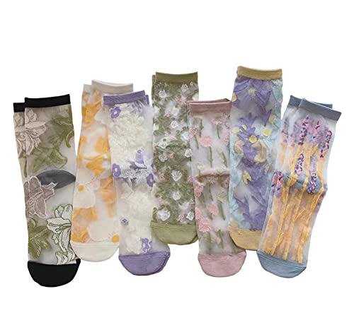 Ballballu Vintage Sheer Socks,Summer Transparent Flower Ankle Socks,Thin Mesh Lace Elastic Jacquard Glass Silk Socks (F-7 Paris)