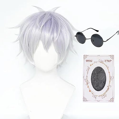 Jujutsu Kaisen Cosplay Wig Gojo Satoru Costume Wig with Black Glasses Silver White Anime Wig with Wig Cap for Cosplay Show，Halloween Costume Party,Theme Party
