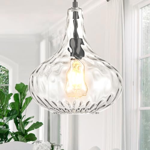 Glass Large Pendant Lights for Kitchen Island Blown Glass Pendant Light Clear Hammered Shade Hanging Ceiling Lights with Black Finish for for Kitchen Island, Sink, Hallway, Living Room 11 inch