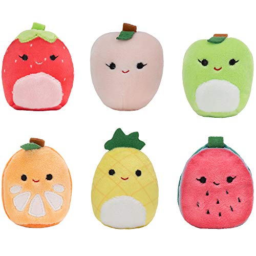 Squishville by Squishmallows Mini Plush Fruit Squad, Six 2' Soft Minimallow Plush, Irresistibly Colorful Fruits, Mini Peach, Pineapple, and Watermelon