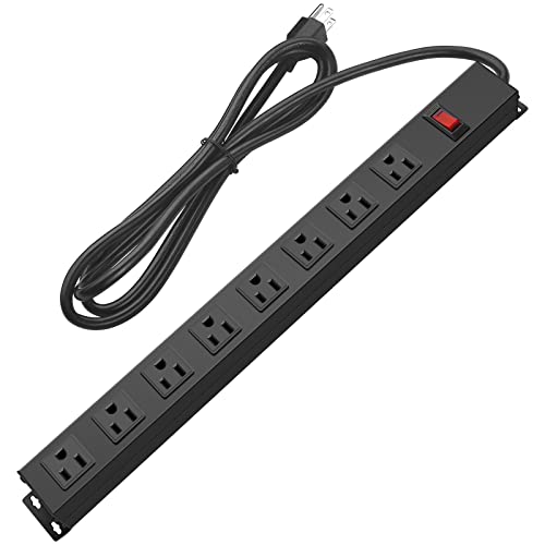 Metal 8 Outlet Mountable Power Strip, Wall Mount Outlet Power Strip Heavy Duty, Wide Spaced Commercial Shop Power Strip with Switch, 15A 125V 1875W, 6 FT SJT 14AWG Power Cord (6FT) Black