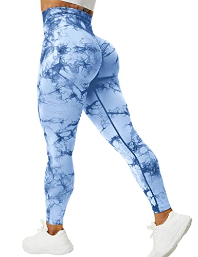 VOYJOY Tie Dye Seamless Leggings for Women High Waist Yoga Pants, Scrunch Butt Lifting Elastic Tights (#1 Light Blue, X-Large)