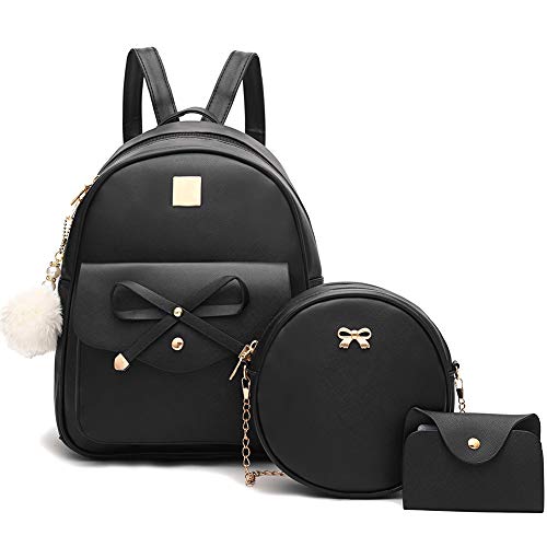 I IHAYNER Girls Bowknot 3-Pieces Fahsion Leather Backpack Backpack Purse for Women Rucksack for Ladies Shoulder Bag Black