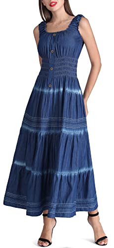 DREFBUFY Women's Maxi Dress Sleeveless Denim Long Summer A-line Casual Blue Cotton Boho Flowy Sundresses for Women (Blue04, Small)